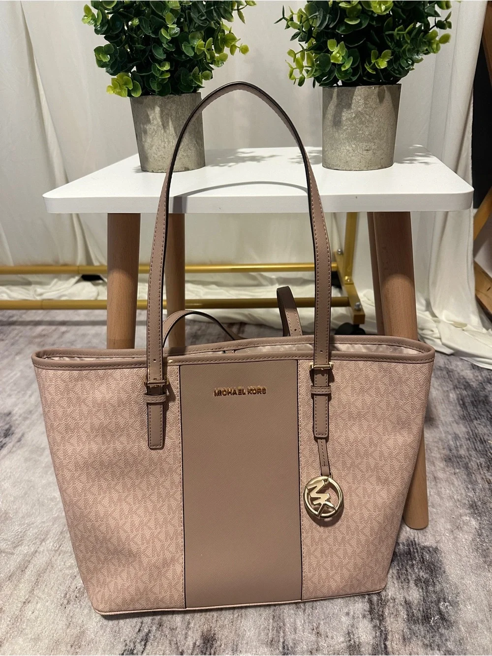 Michael Kors Blush Pink Signature Tote with Center Panel and MK Charm